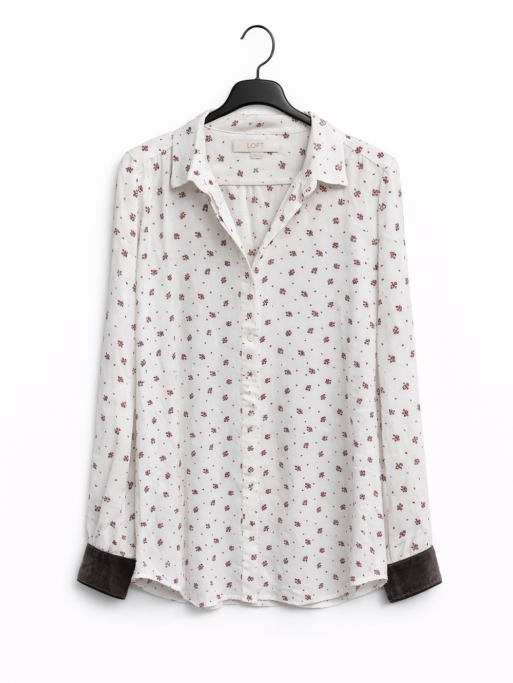 LOFT White Floral Blouse Velvet Cuff Long Sleeve Button Front Small Chic